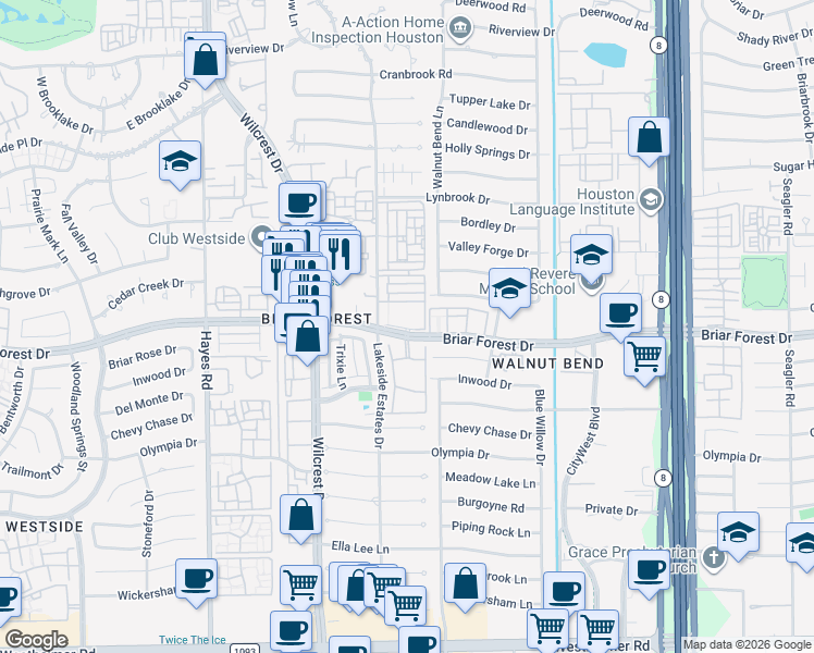 map of restaurants, bars, coffee shops, grocery stores, and more near 10950 Briar Forest Drive in Houston