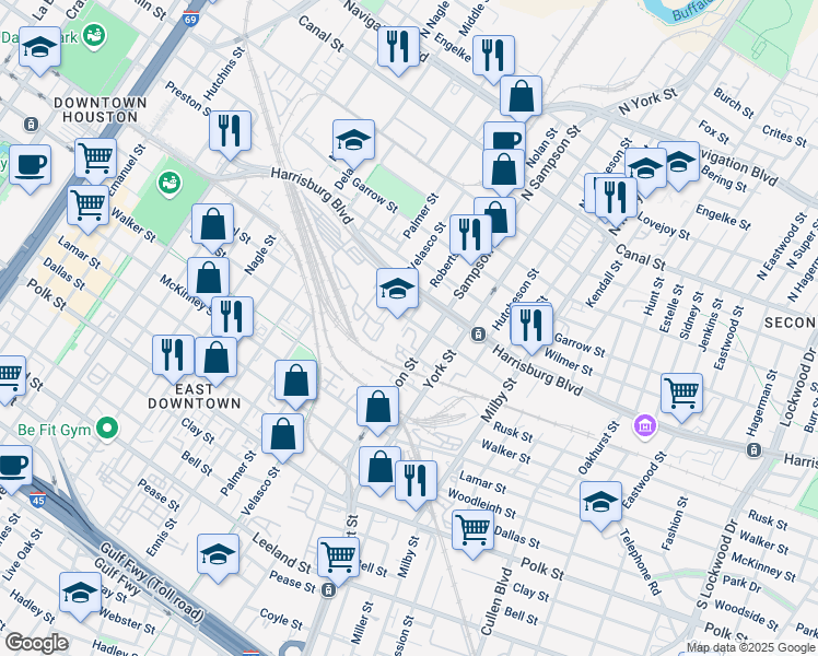 map of restaurants, bars, coffee shops, grocery stores, and more near 3306 Texas Street in Houston