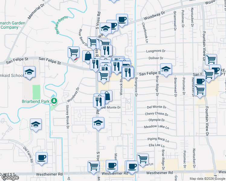 map of restaurants, bars, coffee shops, grocery stores, and more near 1950 Winrock Boulevard in Houston