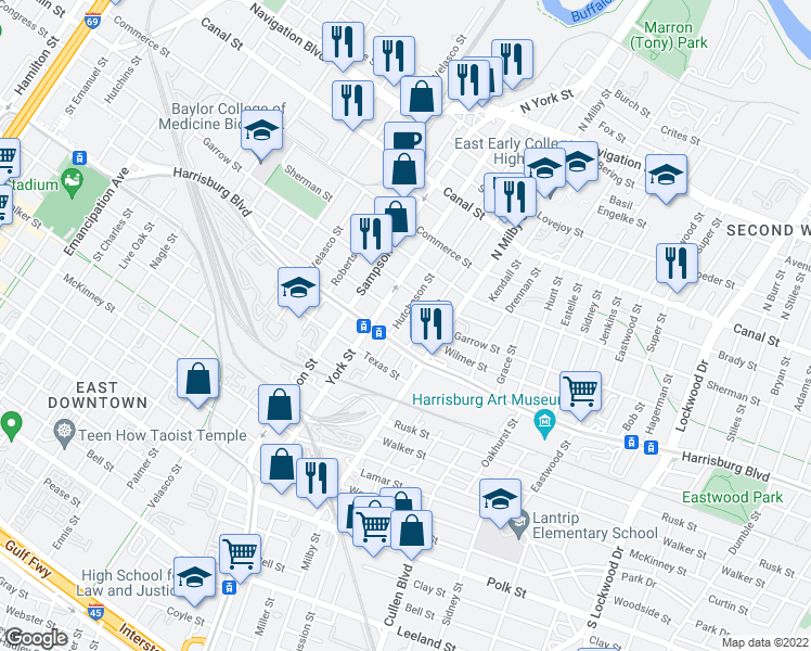 map of restaurants, bars, coffee shops, grocery stores, and more near 320 Everton Street in Houston