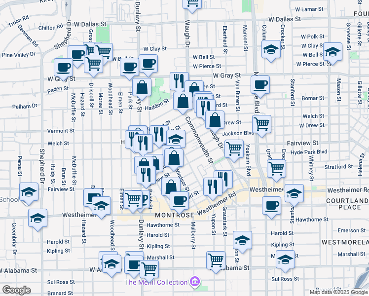 map of restaurants, bars, coffee shops, grocery stores, and more near 1536 Michigan Street in Houston