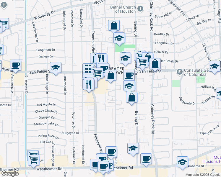map of restaurants, bars, coffee shops, grocery stores, and more near 1818 Augusta Drive in Houston