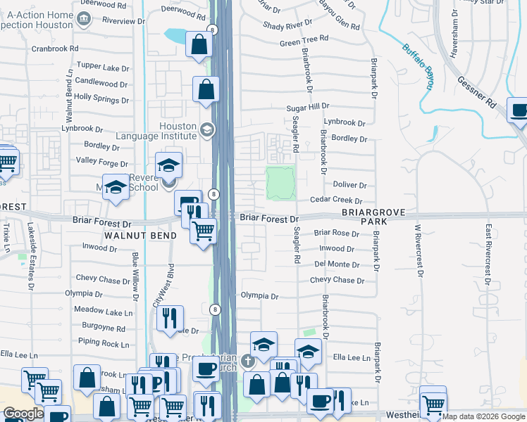 map of restaurants, bars, coffee shops, grocery stores, and more near 10242 Briar Forest Drive in Houston