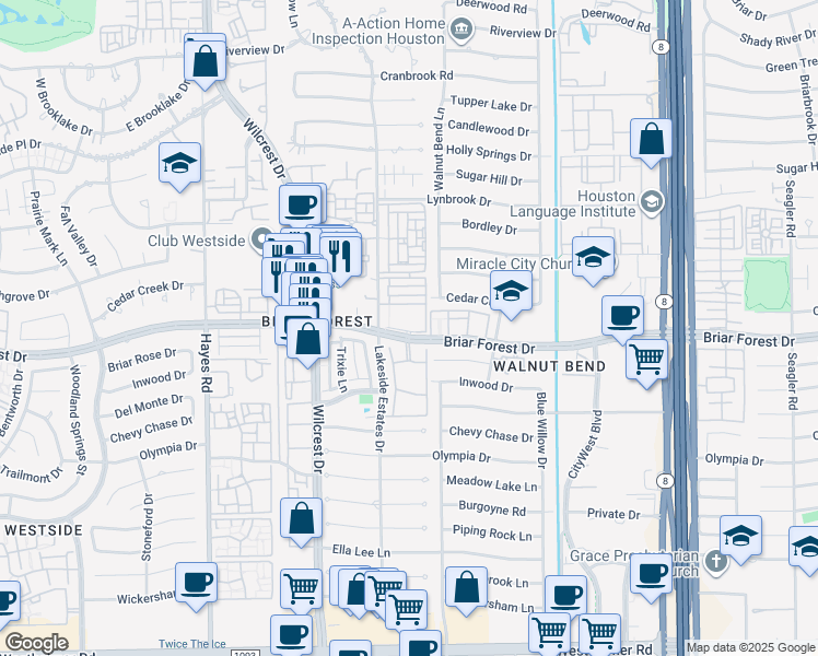 map of restaurants, bars, coffee shops, grocery stores, and more near 10950 Briar Forest Drive in Houston