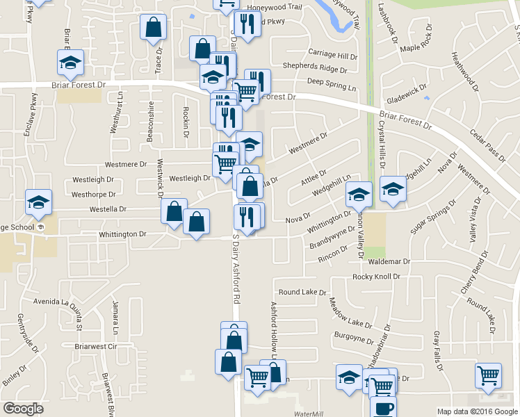 map of restaurants, bars, coffee shops, grocery stores, and more near 1722 Ashford Hollow Lane in Houston