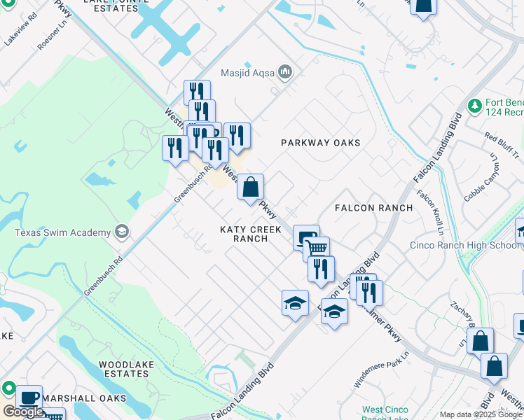 map of restaurants, bars, coffee shops, grocery stores, and more near 25234 Ibris Ranch Drive in Katy