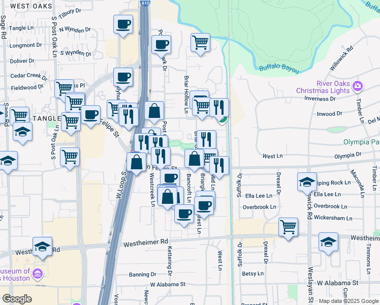 map of restaurants, bars, coffee shops, grocery stores, and more near 1919 Briar Oaks Lane in Houston