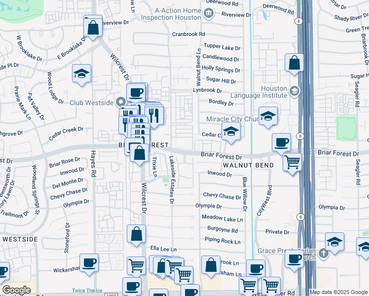 map of restaurants, bars, coffee shops, grocery stores, and more near 10950 Briar Forest Drive in Houston