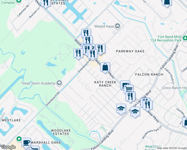 map of restaurants, bars, coffee shops, grocery stores, and more near 3119 Myrtle Ranch Drive in Katy
