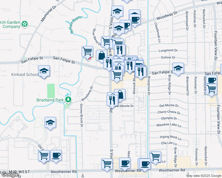 map of restaurants, bars, coffee shops, grocery stores, and more near 1805 South Voss Road in Houston