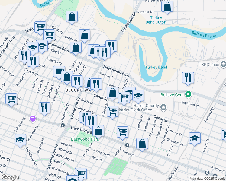 map of restaurants, bars, coffee shops, grocery stores, and more near 216 Adams Street in Houston
