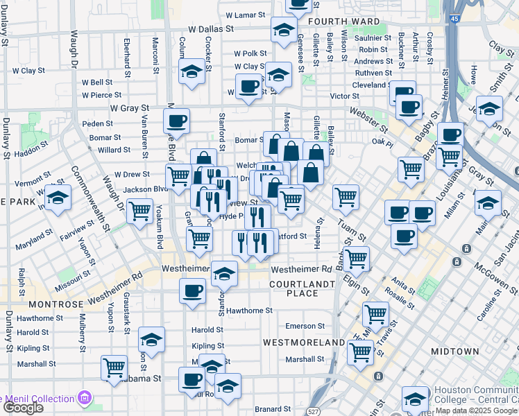 map of restaurants, bars, coffee shops, grocery stores, and more near 315 Fairview Street in Houston