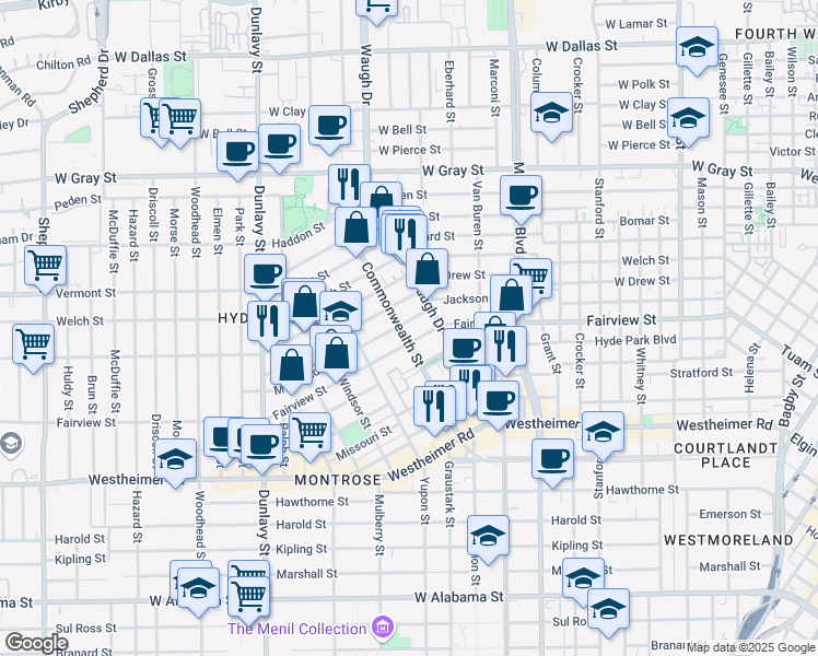 map of restaurants, bars, coffee shops, grocery stores, and more near 2212 Commonwealth Street in Houston