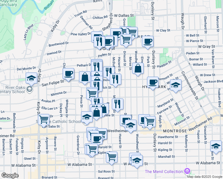 map of restaurants, bars, coffee shops, grocery stores, and more near 2002 Brun Street in Houston
