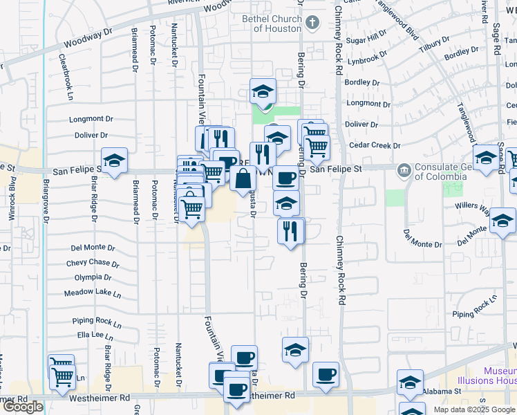 map of restaurants, bars, coffee shops, grocery stores, and more near 1819 Augusta Drive in Houston