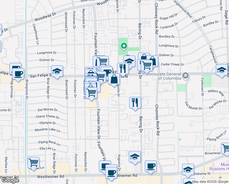 map of restaurants, bars, coffee shops, grocery stores, and more near 1819 Augusta Drive in Houston
