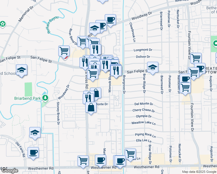 map of restaurants, bars, coffee shops, grocery stores, and more near 2001 Winrock Boulevard in Houston