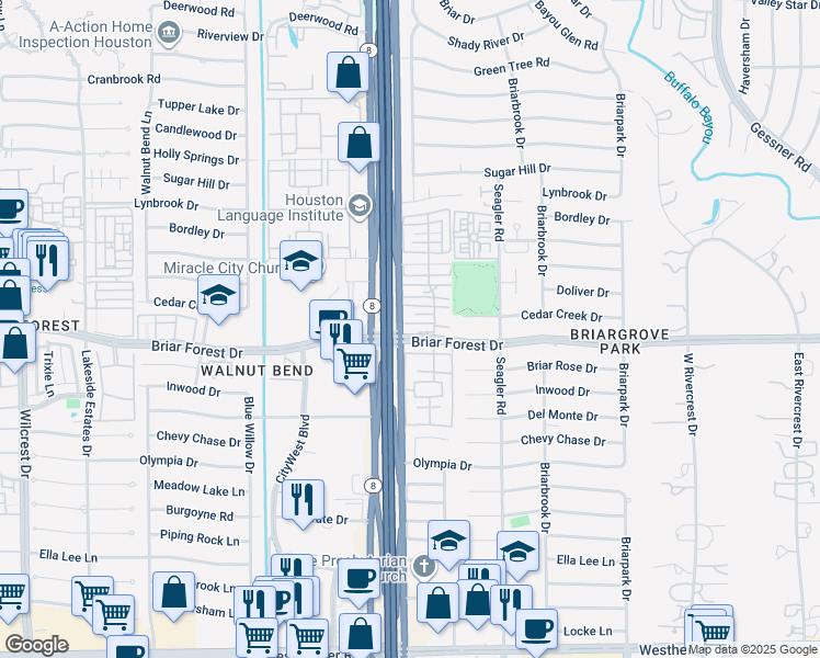 map of restaurants, bars, coffee shops, grocery stores, and more near 1445 West Sam Houston Parkway South in Houston
