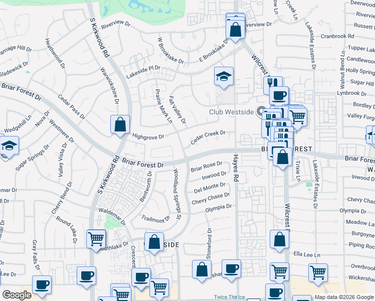map of restaurants, bars, coffee shops, grocery stores, and more near 1806 Cedar Creek Court in Houston