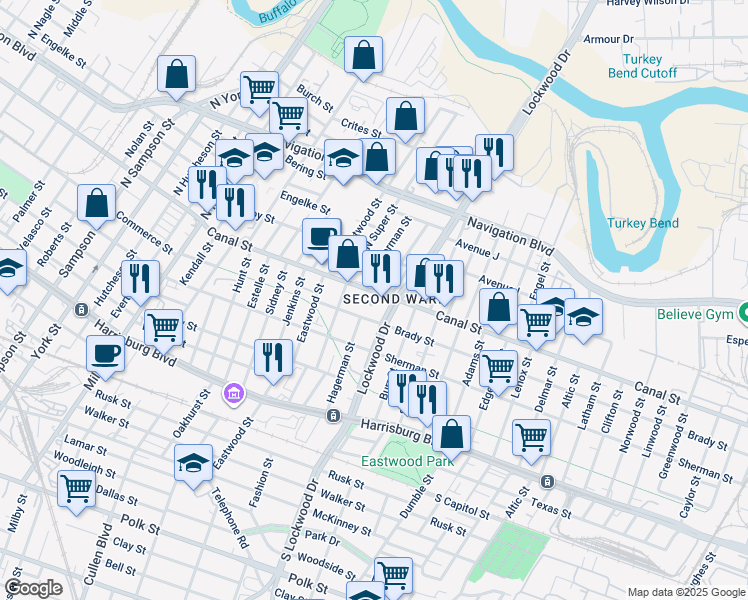 map of restaurants, bars, coffee shops, grocery stores, and more near 4526 Canal Street in Houston