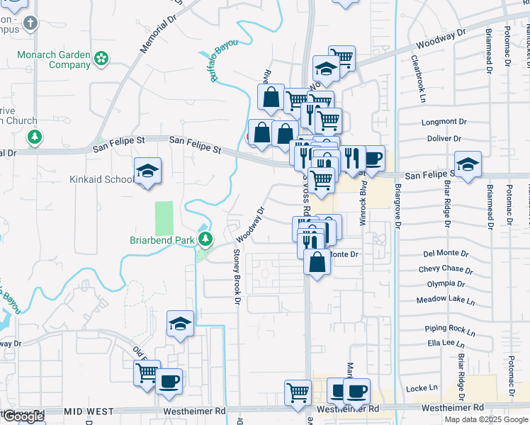 map of restaurants, bars, coffee shops, grocery stores, and more near 7534 Briar Rose Drive in Houston