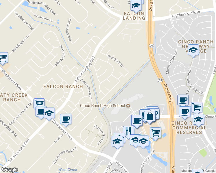 map of restaurants, bars, coffee shops, grocery stores, and more near 24514 Stone Falcon Court in Katy