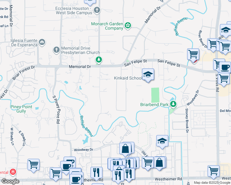 map of restaurants, bars, coffee shops, grocery stores, and more near 12 West Stillforest Street in Piney Point Village