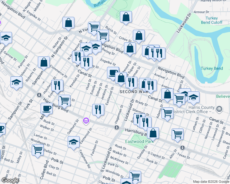 map of restaurants, bars, coffee shops, grocery stores, and more near 4405 Brady Street in Houston