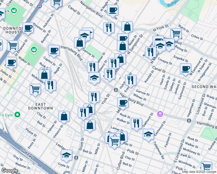 map of restaurants, bars, coffee shops, grocery stores, and more near 3406 Harrisburg Boulevard in Houston