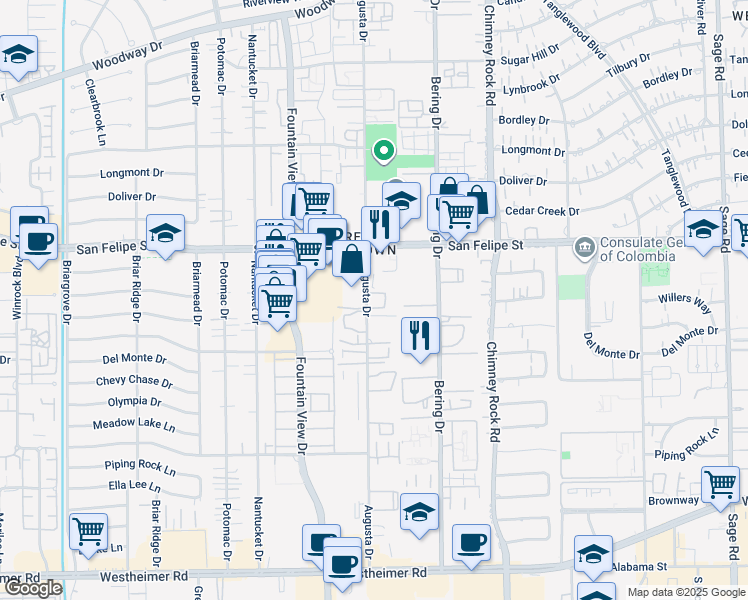 map of restaurants, bars, coffee shops, grocery stores, and more near 1819 Augusta Drive in Houston