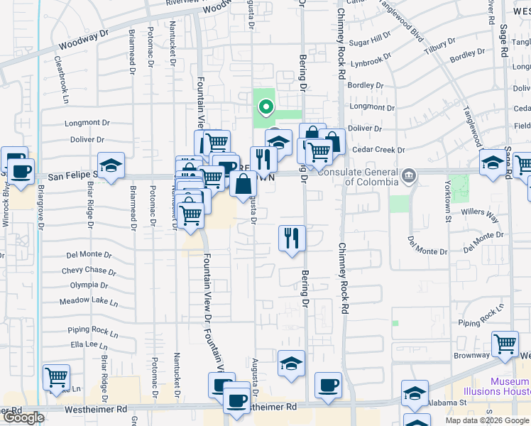 map of restaurants, bars, coffee shops, grocery stores, and more near 1819 Augusta Drive in Houston