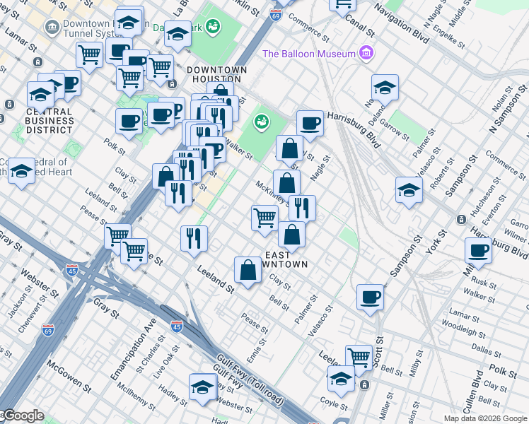 map of restaurants, bars, coffee shops, grocery stores, and more near 2530 Lamar Street in Houston