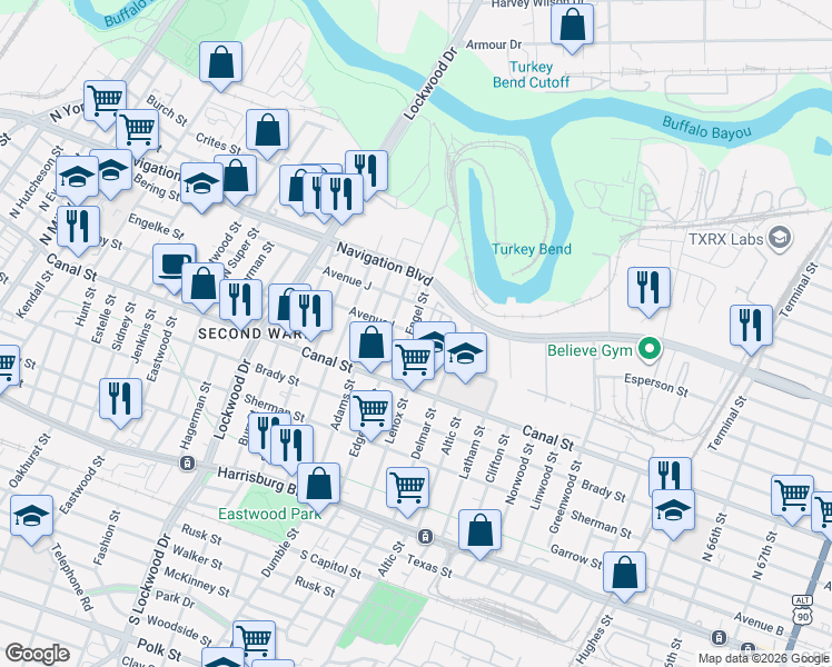 map of restaurants, bars, coffee shops, grocery stores, and more near 228 Engel Street in Houston