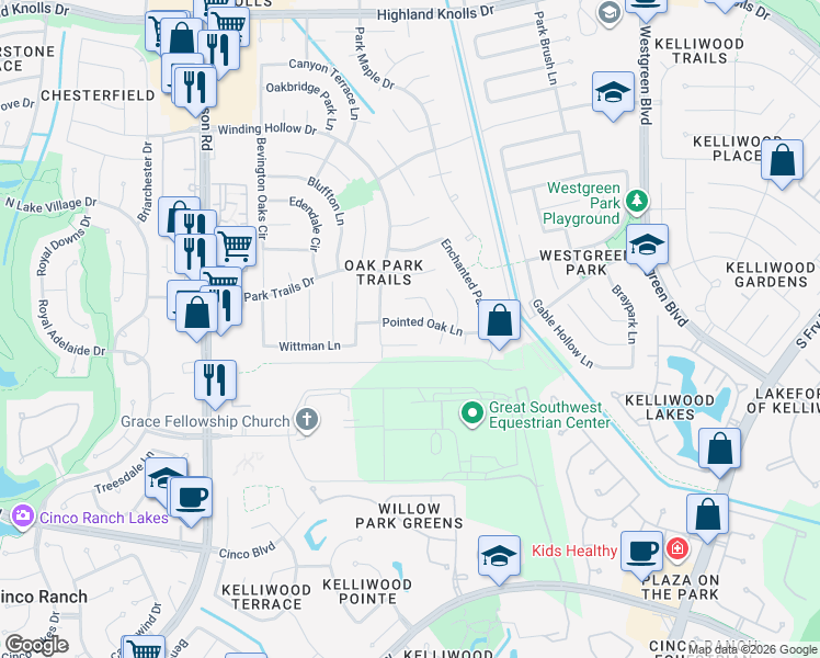 map of restaurants, bars, coffee shops, grocery stores, and more near 21523 Pointed Oak Lane in Katy