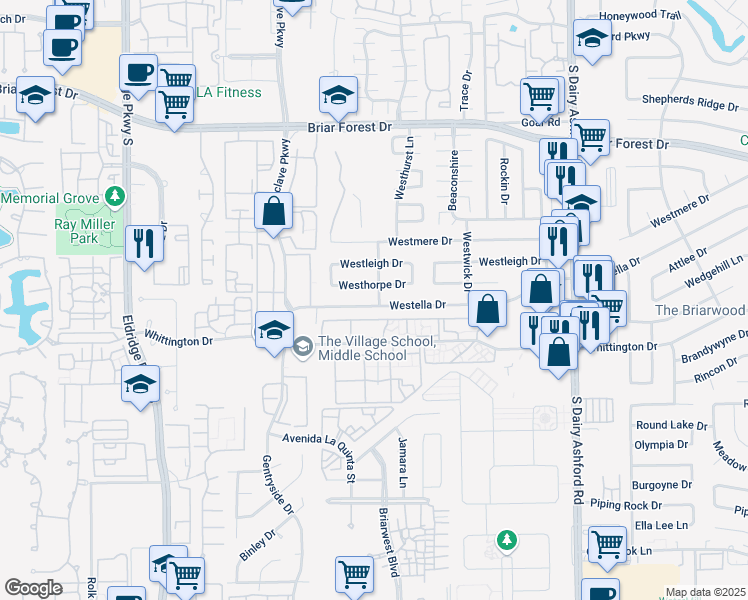 map of restaurants, bars, coffee shops, grocery stores, and more near 12902 Westella Drive in Houston