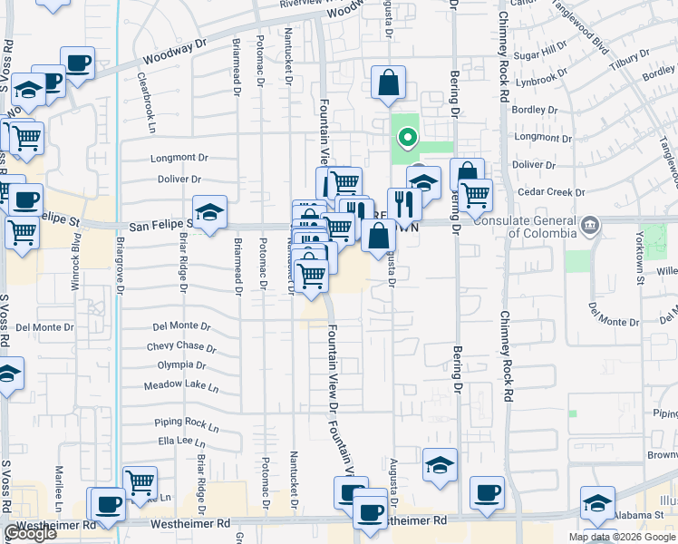map of restaurants, bars, coffee shops, grocery stores, and more near 5895 San Felipe Street in Houston