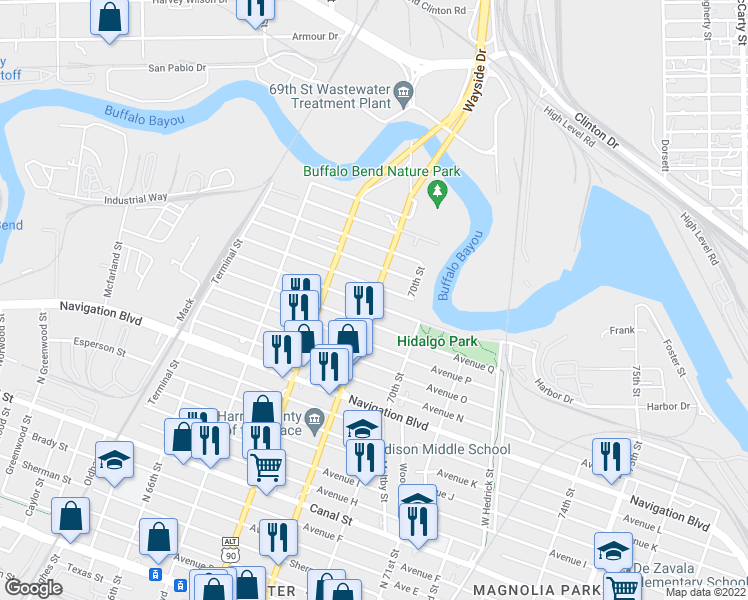 map of restaurants, bars, coffee shops, grocery stores, and more near 1801 South Sgt Macario Garcia Drive in Houston