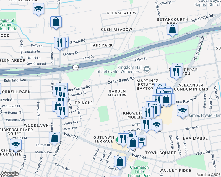 map of restaurants, bars, coffee shops, grocery stores, and more near 2106 Beaumont Road in Baytown