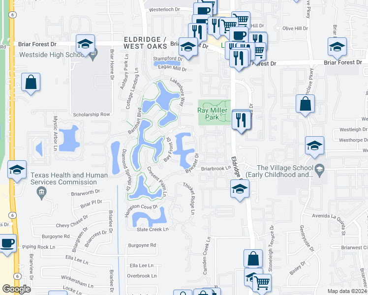 map of restaurants, bars, coffee shops, grocery stores, and more near 13623 Morgan Creek in Houston