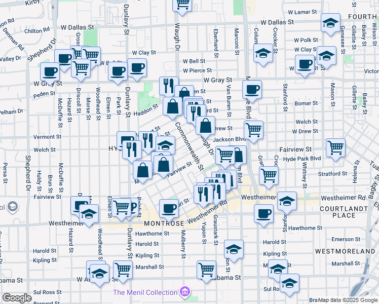 map of restaurants, bars, coffee shops, grocery stores, and more near 2212 Commonwealth Street in Houston