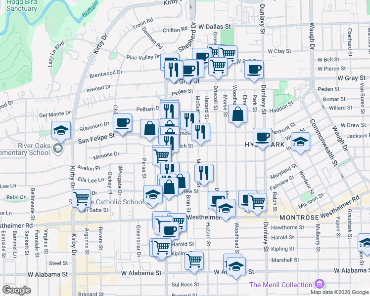 map of restaurants, bars, coffee shops, grocery stores, and more near 2002 Brun Street in Houston