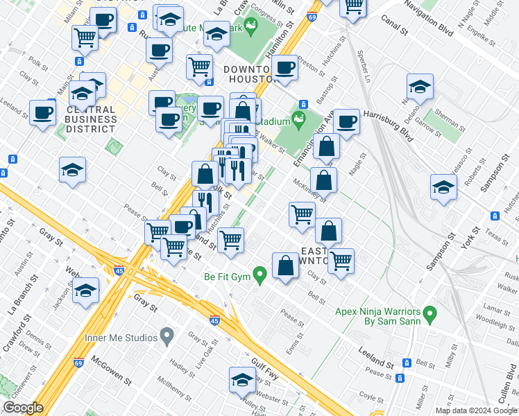 map of restaurants, bars, coffee shops, grocery stores, and more near in Houston