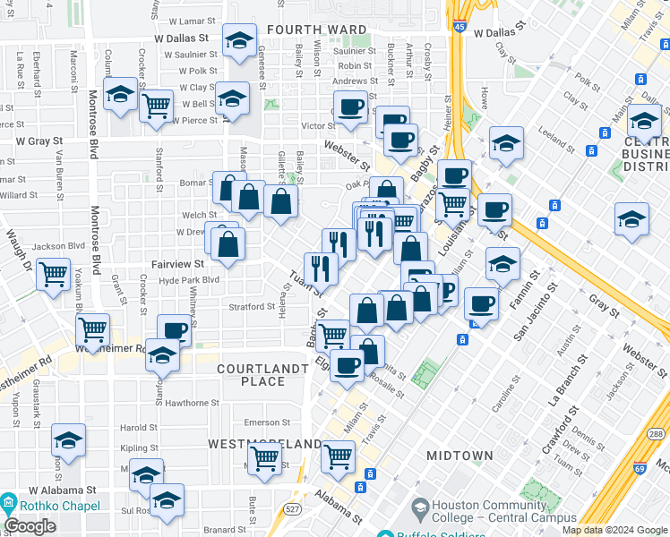 map of restaurants, bars, coffee shops, grocery stores, and more near 306 Dennis Street in Houston