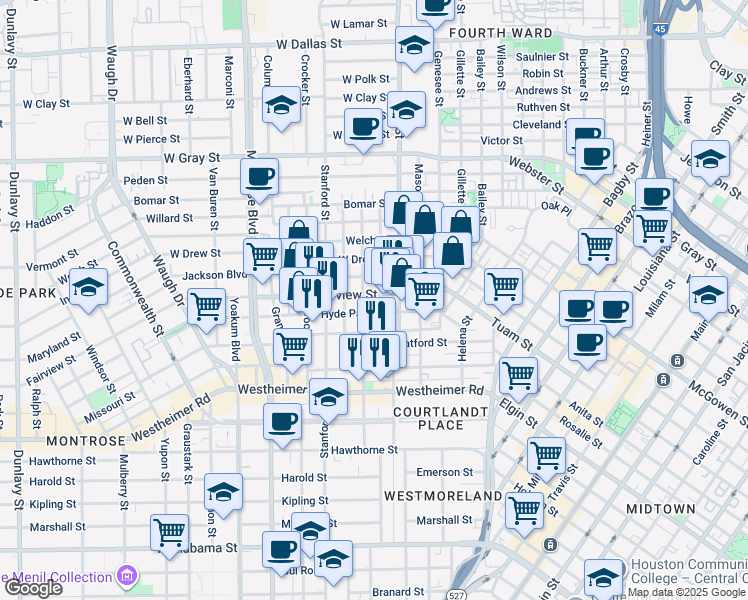 map of restaurants, bars, coffee shops, grocery stores, and more near 315 Fairview Street in Houston
