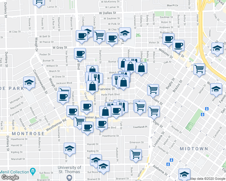 map of restaurants, bars, coffee shops, grocery stores, and more near 315 Fairview Street in Houston