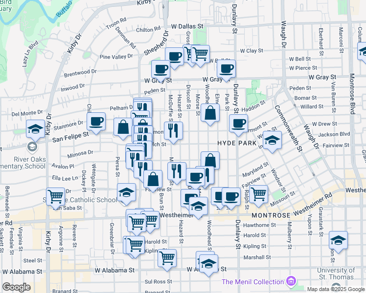 map of restaurants, bars, coffee shops, grocery stores, and more near 1979 Welch Street in Houston