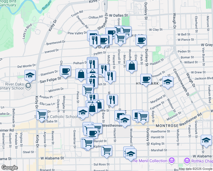 map of restaurants, bars, coffee shops, grocery stores, and more near 2002 Brun Street in Houston