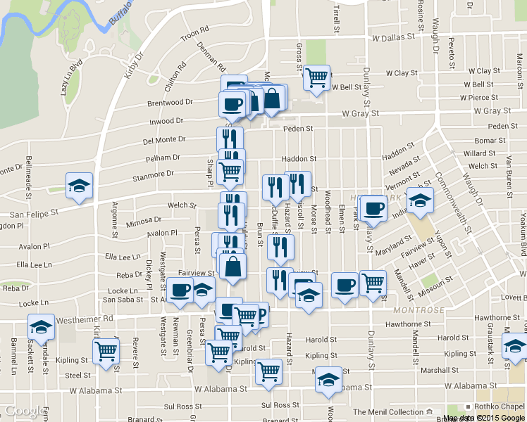 map of restaurants, bars, coffee shops, grocery stores, and more near 2002 Brun Street in Houston