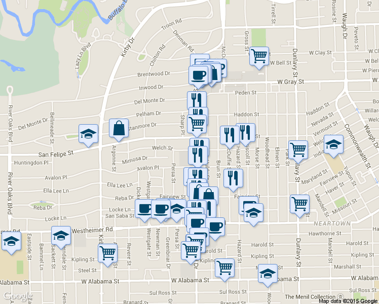 map of restaurants, bars, coffee shops, grocery stores, and more near 2111 Welch Street in Houston