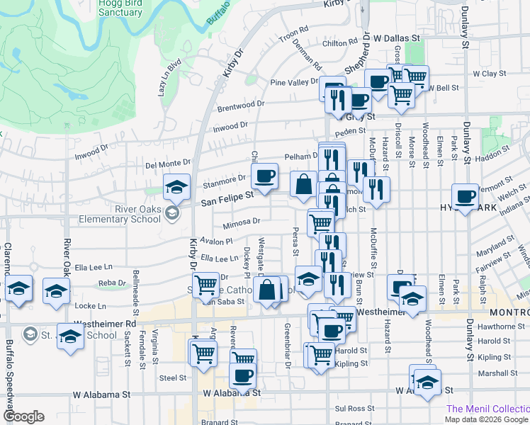 map of restaurants, bars, coffee shops, grocery stores, and more near 2241 Welch Street in Houston